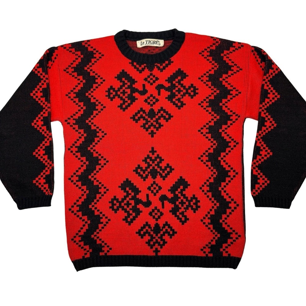 Vintage Le Tigre Sweater M Red Black Graphic Knit Reverse Pattern USA 80s